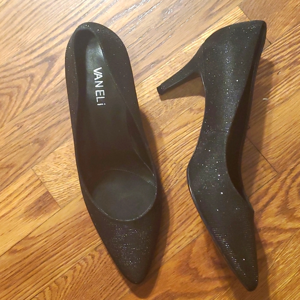 VANELI Hattie BLACK & SILVER Glittery Pumps / 3.5" Heels POINTED TOES
